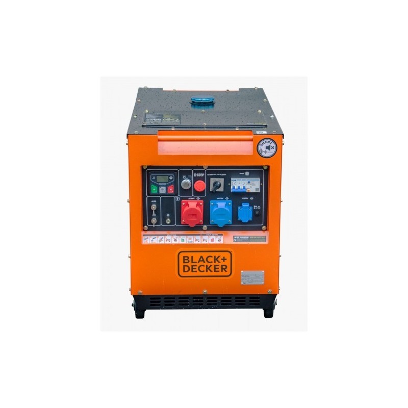 Face avant avec panneau de contrôle du groupe électrogène diesel 7.9KvA triphasé BLACK+DECKER BXGND7900E